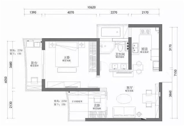 64平米兩居室北歐風格小戶型裝修效果圖